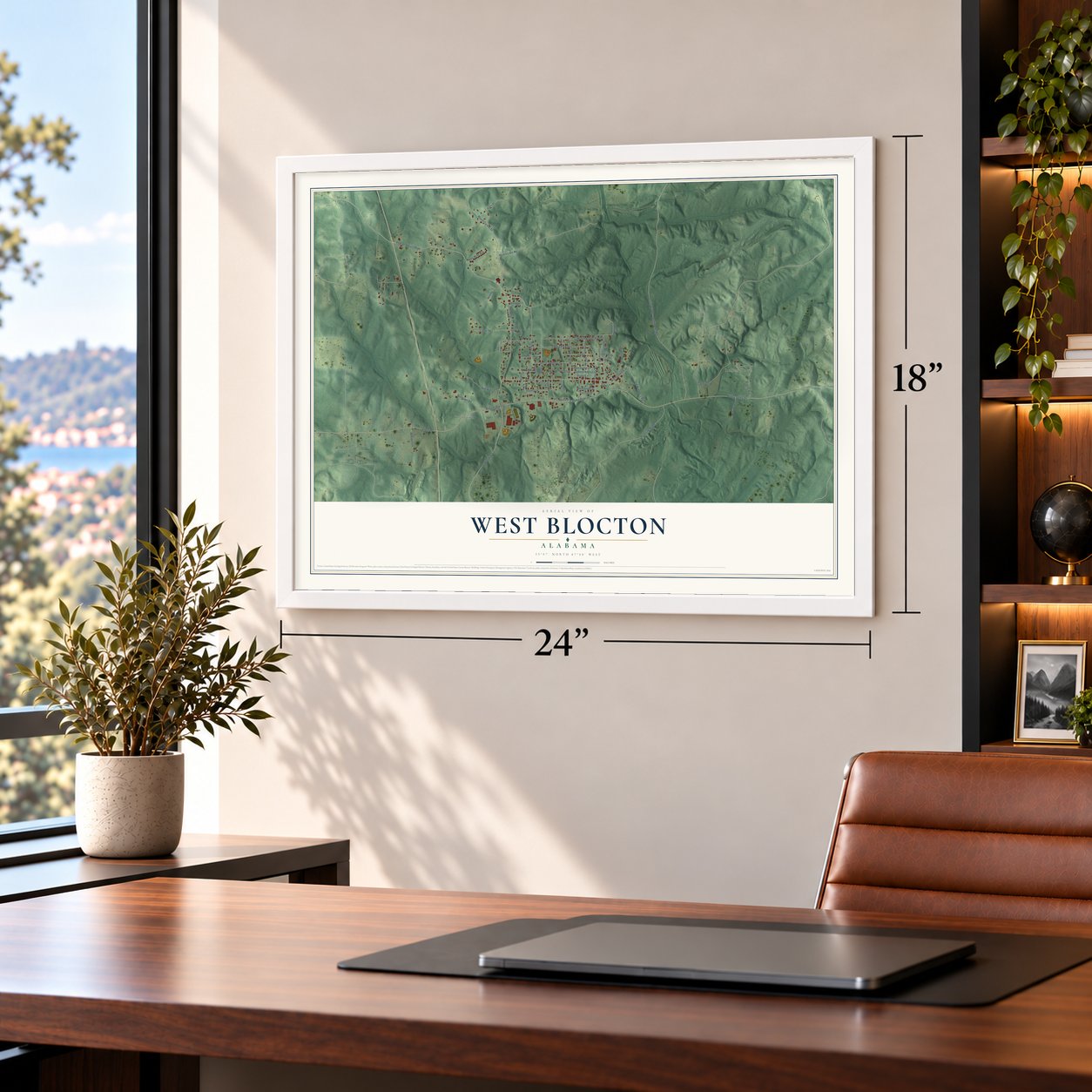 West Blocton, Alabama map, 18 x 24 inch print in a white frame in a home office