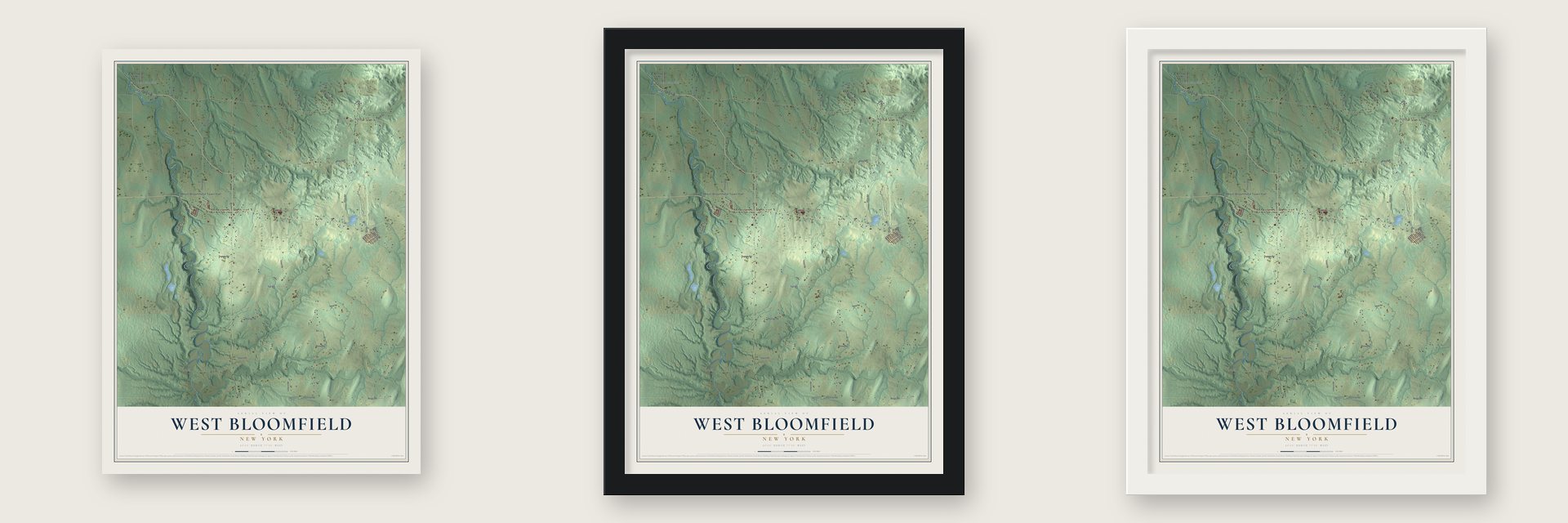 West Bloomfield, New York map unframed, in a black wood frame and in a white wood frame