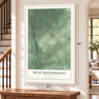 West Bloomfield, New York map, 24 x 36 inch print in a white frame by a staircase