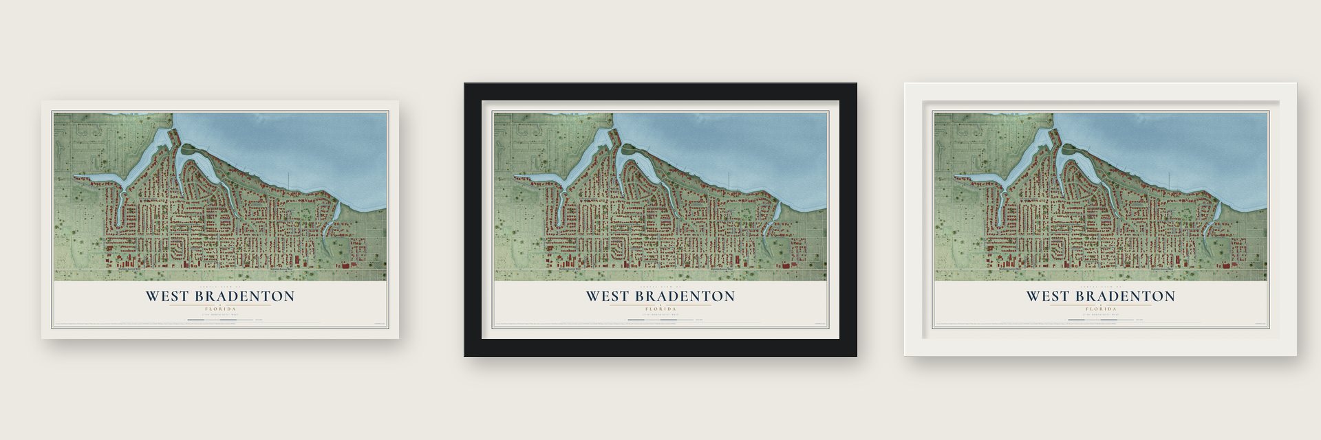 West Bradenton, Florida map unframed, in a black wood frame and in a white wood frame