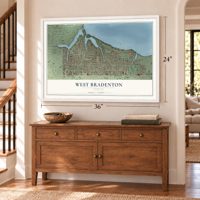 West Bradenton, Florida map, 24 x 36 inch print in a white frame above a dresser by a staircase