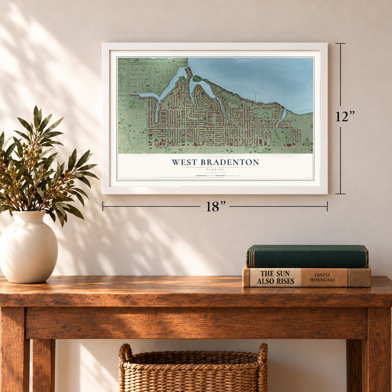 West Bradenton, Florida map, 12 x 18 inch print in a white frame in an entryway