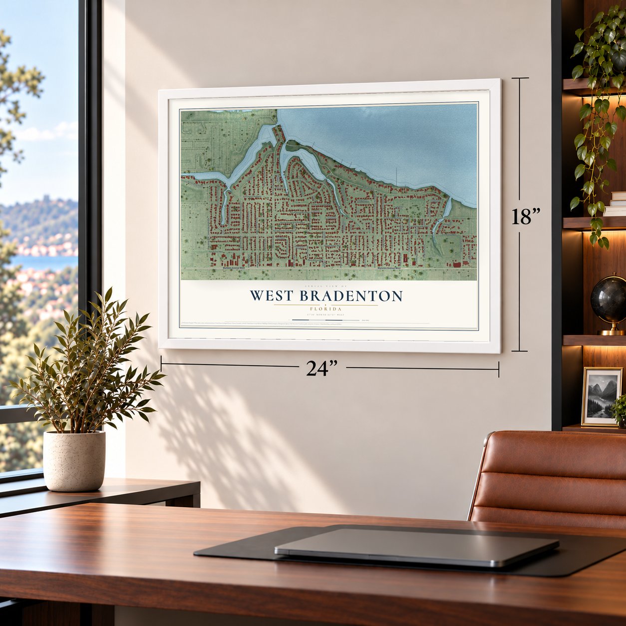 West Bradenton, Florida map, 18 x 24 inch print in a white frame in a home office
