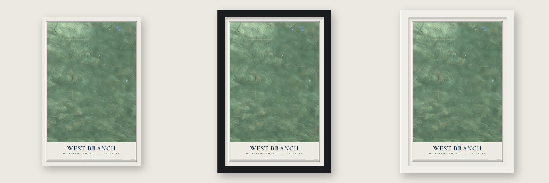 West Branch, Dickinson County, Michigan map unframed, in a black wood frame and in a white wood frame