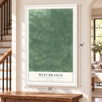 West Branch, Dickinson County, Michigan map, 24 x 36 inch print in a white frame by a staircase