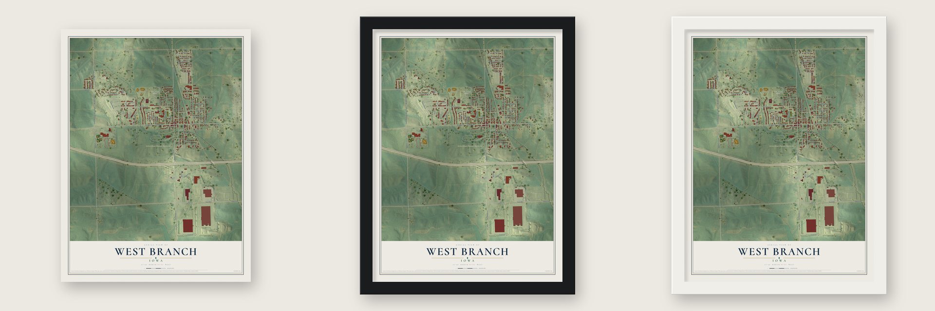 West Branch, Iowa map unframed, in a black wood frame and in a white wood frame