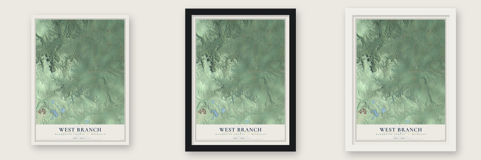 West Branch, Marquette County, Michigan map unframed, in a black wood frame and in a white wood frame