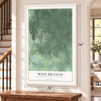 West Branch, Marquette County, Michigan map, 24 x 36 inch print in a white frame by a staircase