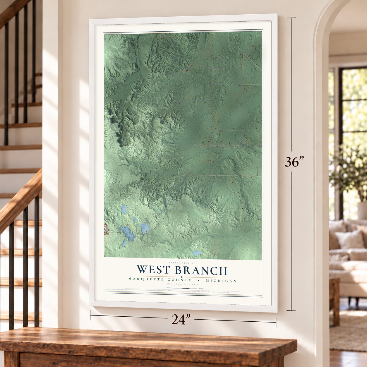West Branch, Marquette County, Michigan map, 24 x 36 inch print in a white frame by a staircase