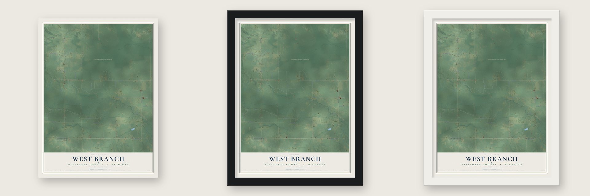 West Branch, Missaukee County, Michigan map unframed, in a black wood frame and in a white wood frame
