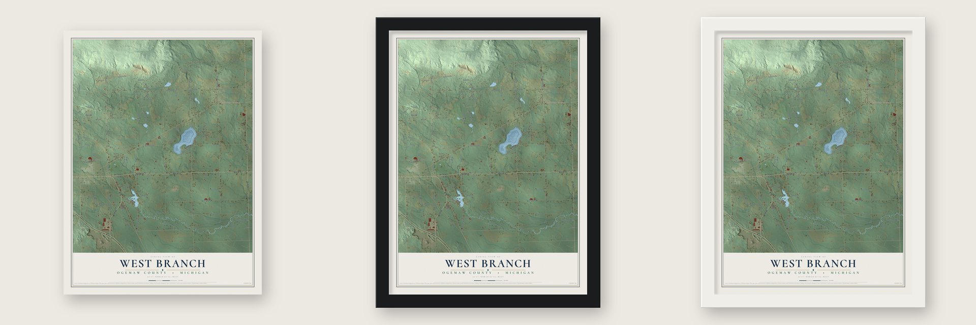 West Branch, Ogemaw County, Michigan map unframed, in a black wood frame and in a white wood frame