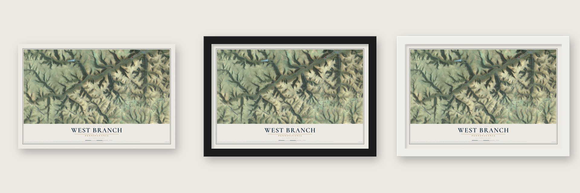 West Branch, Pennsylvania map unframed, in a black wood frame and in a white wood frame