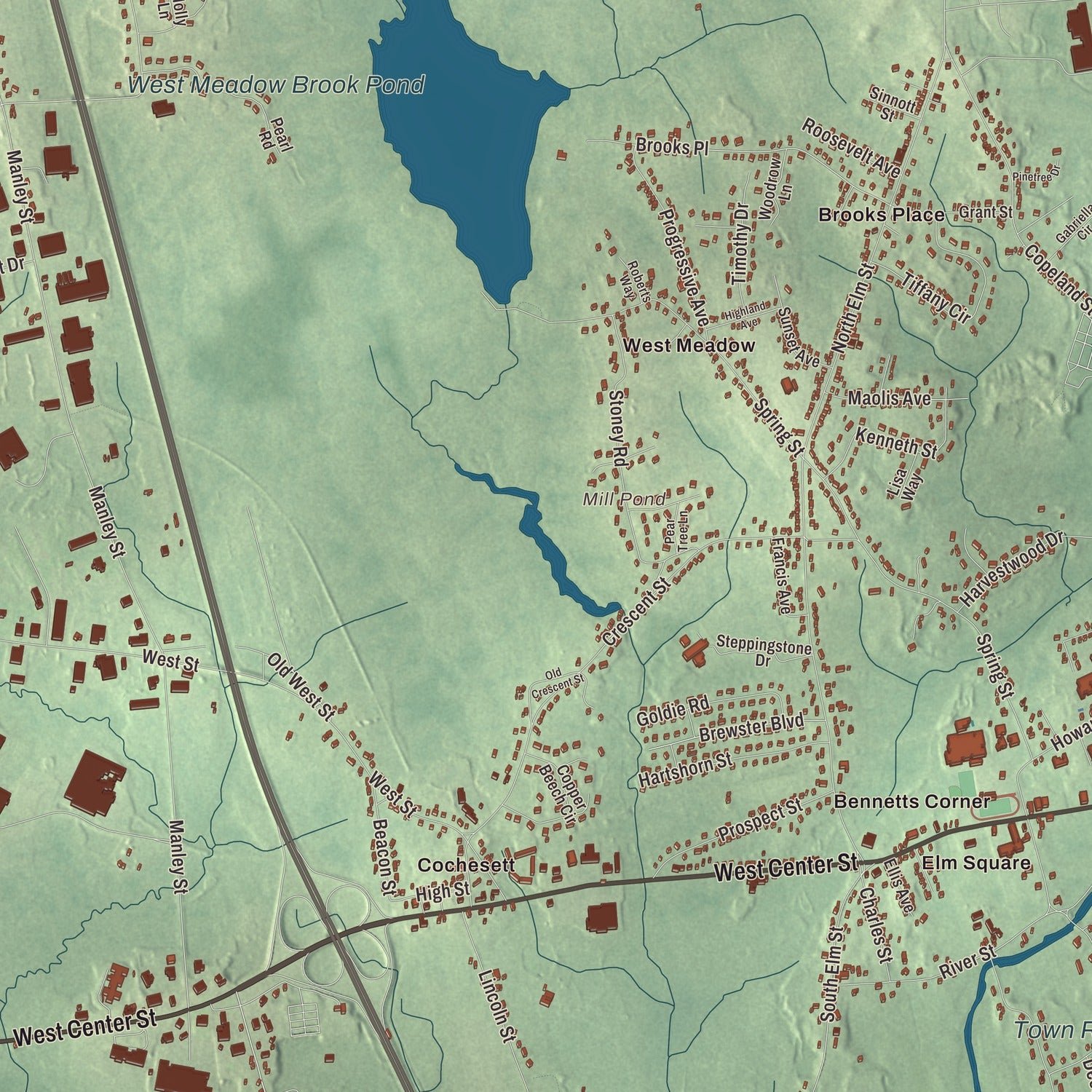 Close-up of the map of West Bridgewater, Massachusetts print showing terrain and local geography