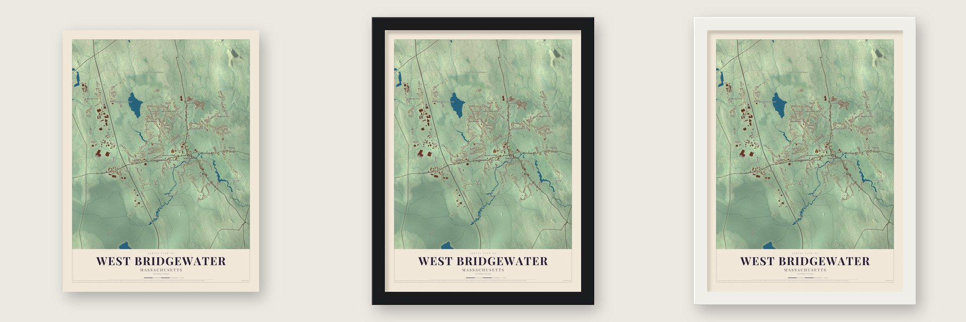 West Bridgewater, Massachusetts map unframed, in a black wood frame and in a white wood frame