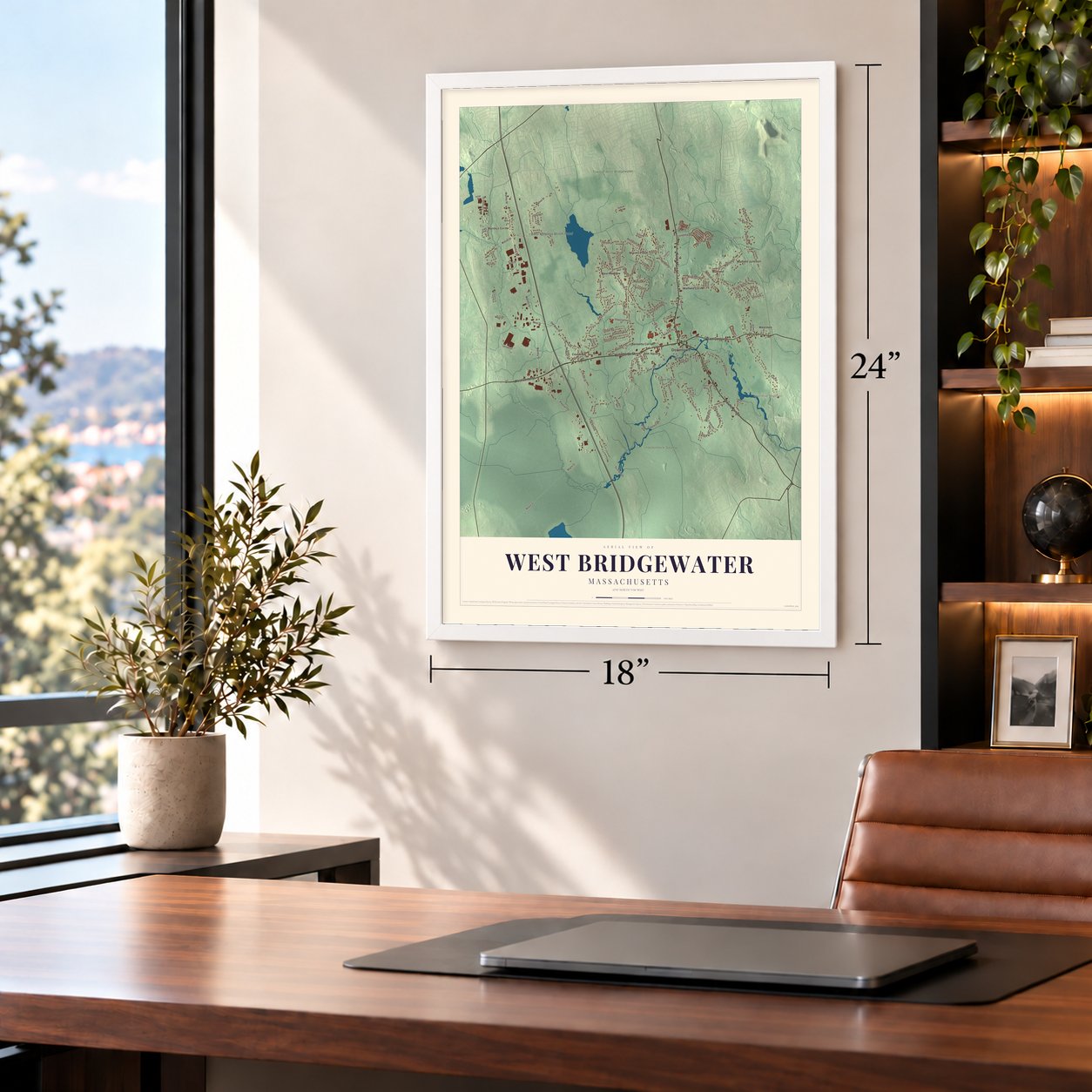 West Bridgewater, Massachusetts map, 18 x 24 inch print in a white frame in a home office