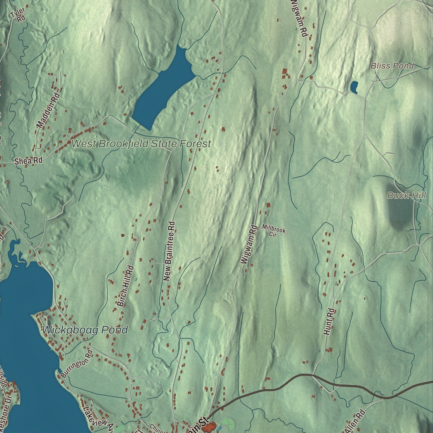 Close-up of the map of West Brookfield, Massachusetts print showing terrain and local geography