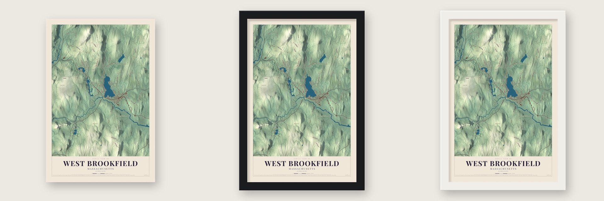 West Brookfield, Massachusetts map unframed, in a black wood frame and in a white wood frame