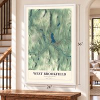West Brookfield, Massachusetts map, 24 x 36 inch print in a white frame by a staircase