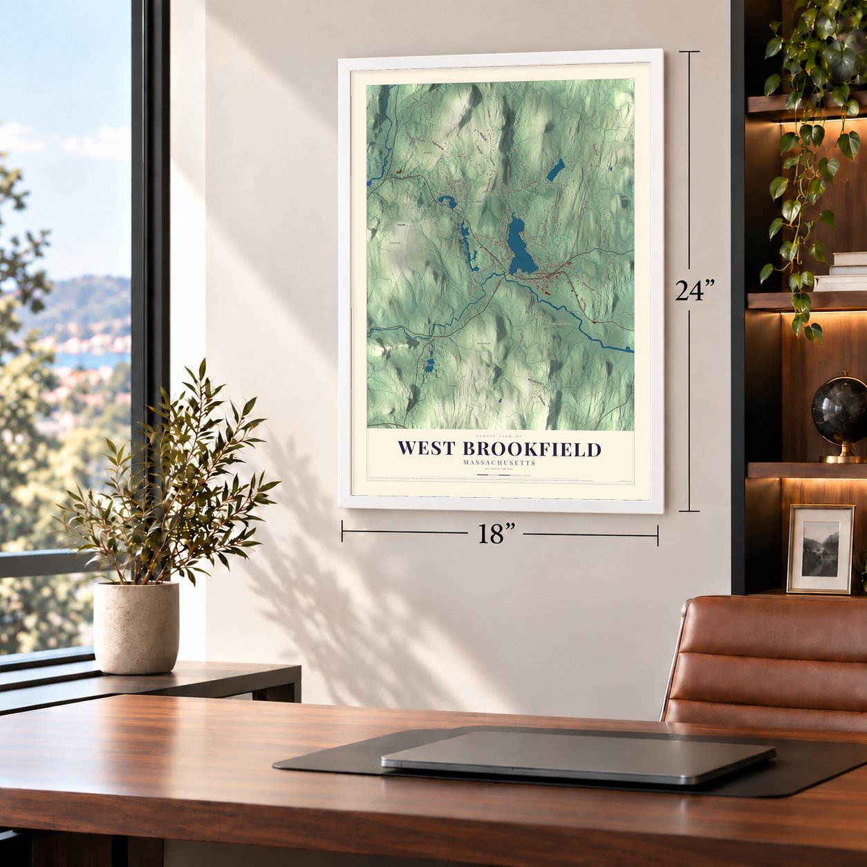 West Brookfield, Massachusetts map, 18 x 24 inch print in a white frame in a home office