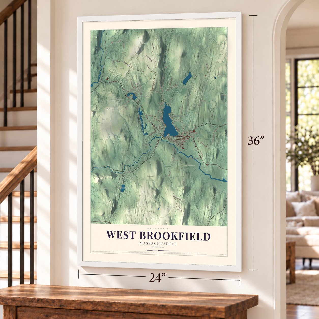 West Brookfield, Massachusetts map, 24 x 36 inch print in a white frame by a staircase