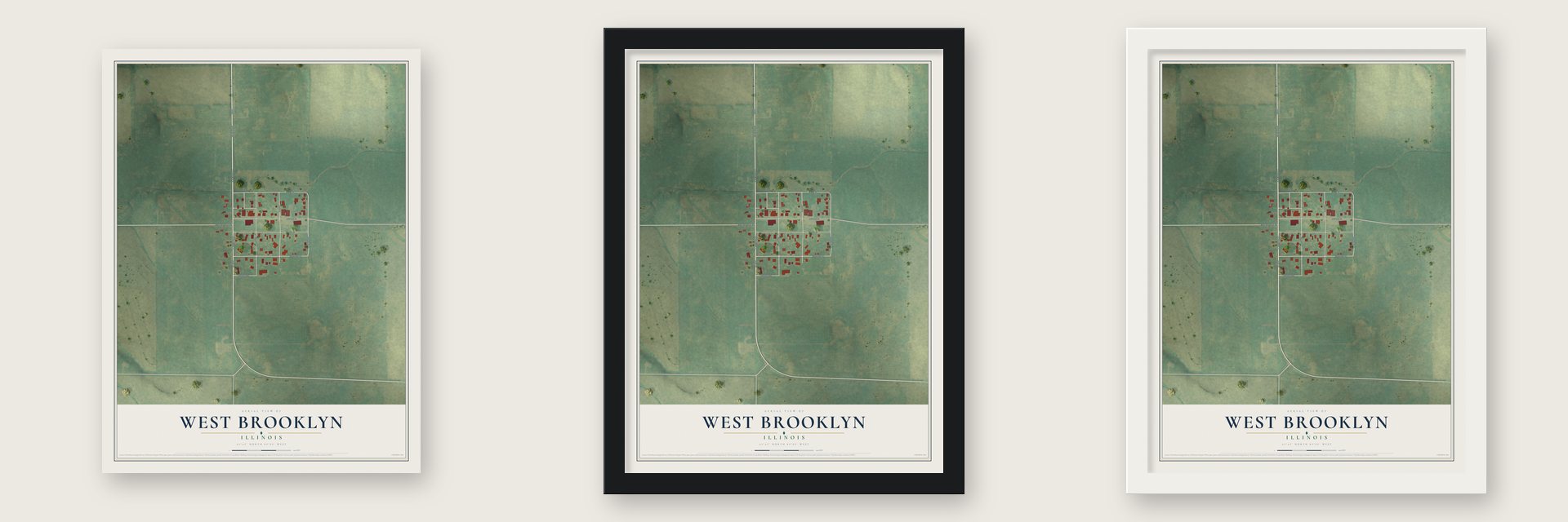 West Brooklyn, Illinois map unframed, in a black wood frame and in a white wood frame