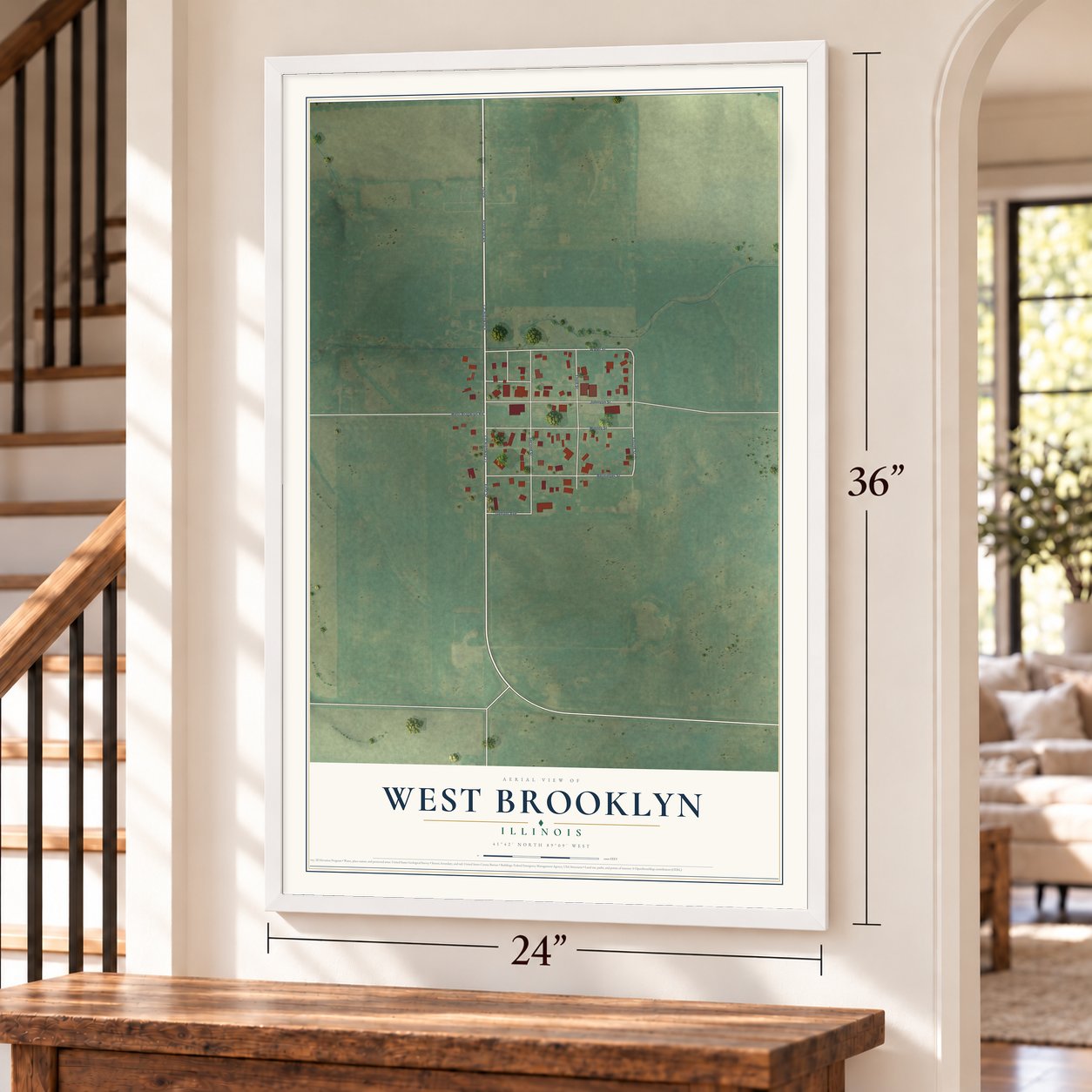 West Brooklyn, Illinois map, 24 x 36 inch print in a white frame by a staircase