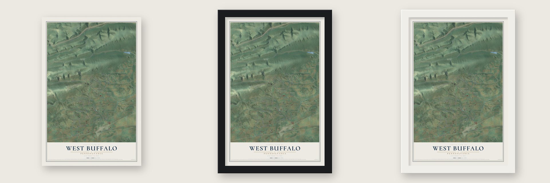 West Buffalo, Pennsylvania map unframed, in a black wood frame and in a white wood frame