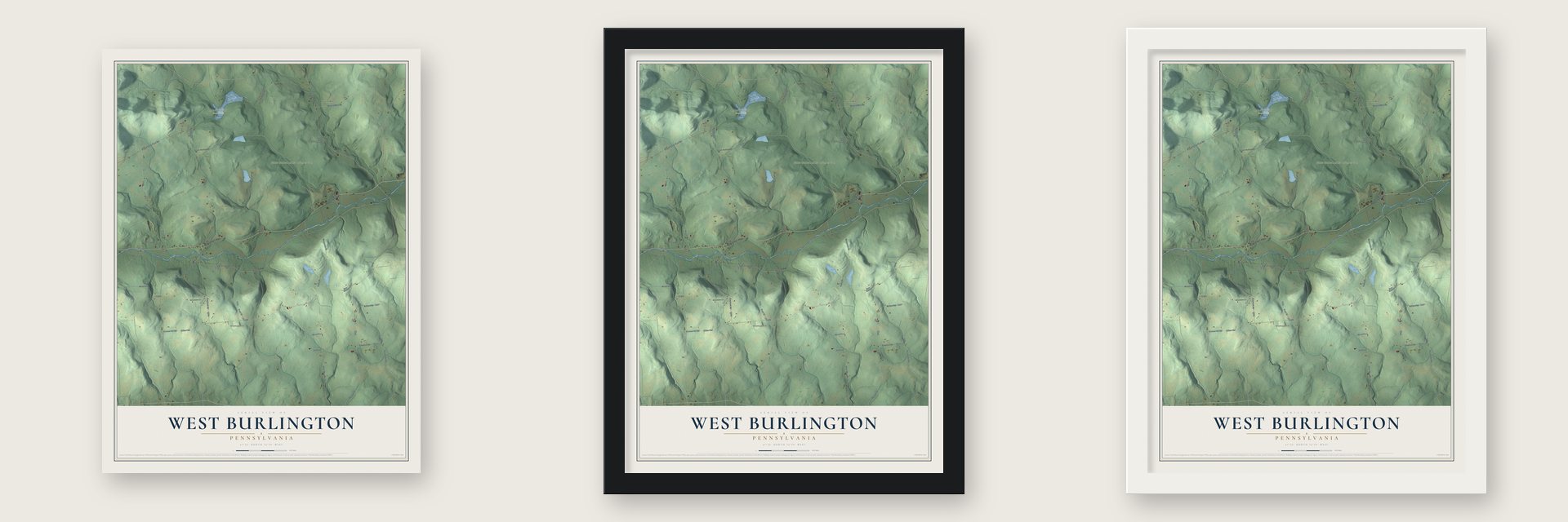 West Burlington, Pennsylvania map unframed, in a black wood frame and in a white wood frame