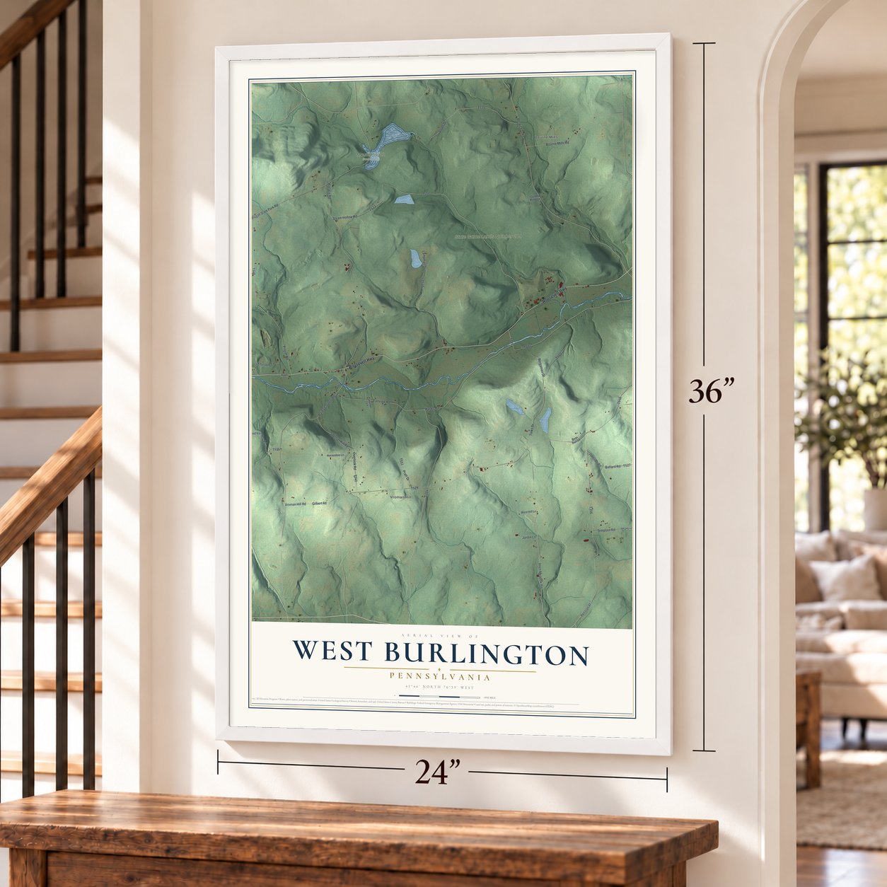 West Burlington, Pennsylvania map, 24 x 36 inch print in a white frame by a staircase