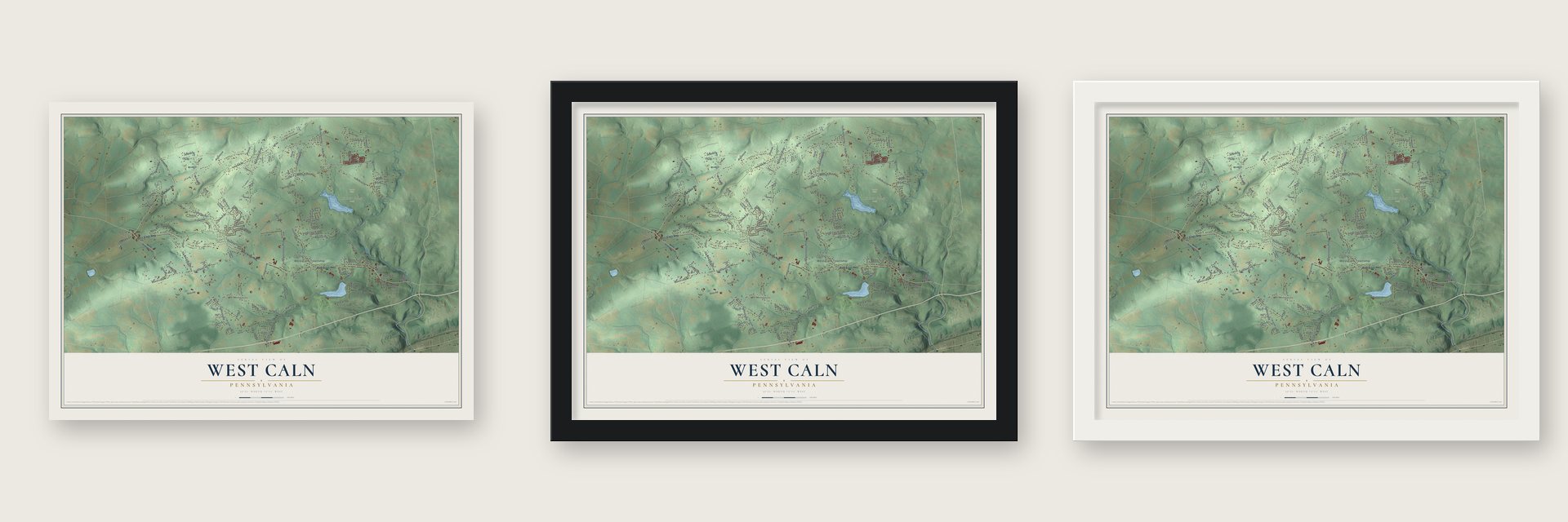 West Caln, Pennsylvania map unframed, in a black wood frame and in a white wood frame