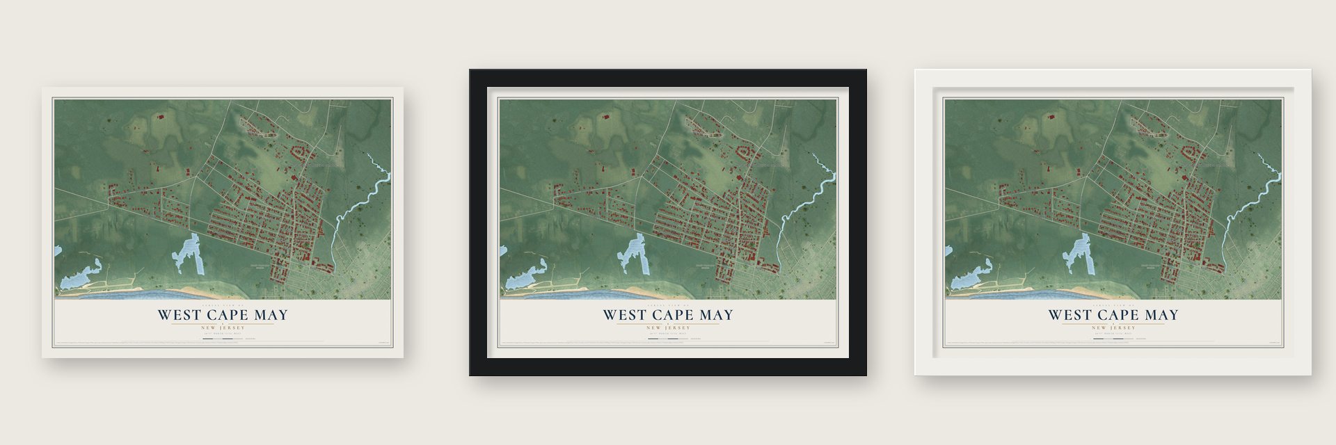 West Cape May, New Jersey map unframed, in a black wood frame and in a white wood frame