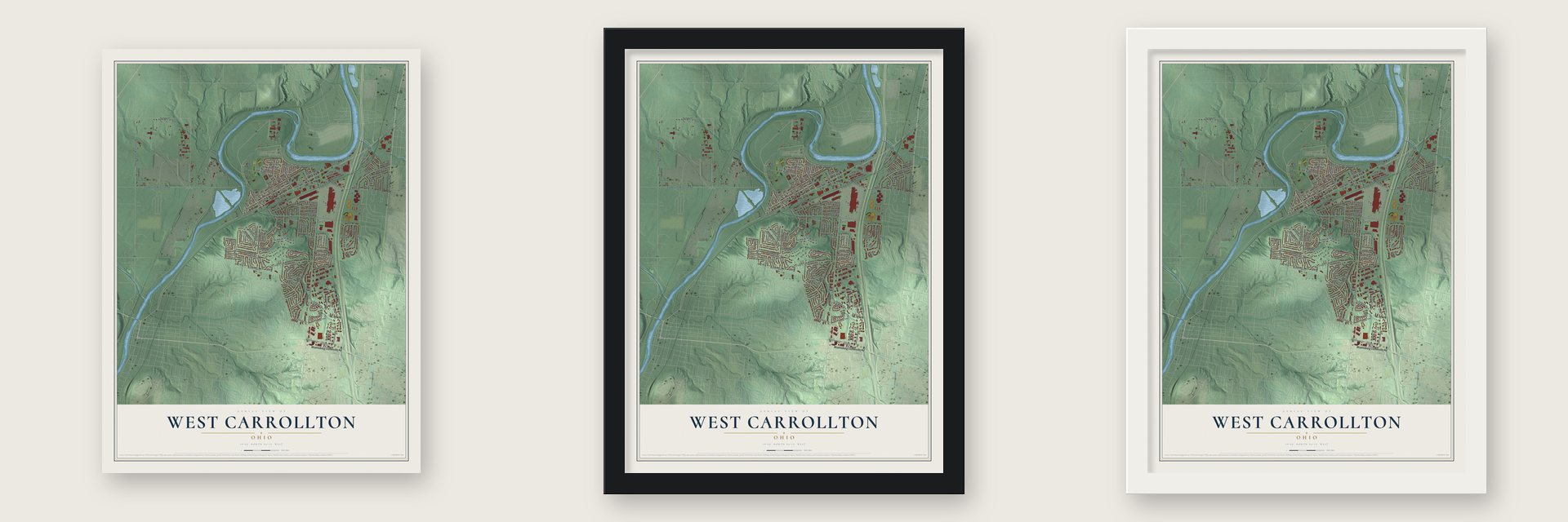 West Carrollton, Ohio map unframed, in a black wood frame and in a white wood frame