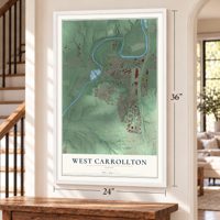 West Carrollton, Ohio map, 24 x 36 inch print in a white frame by a staircase