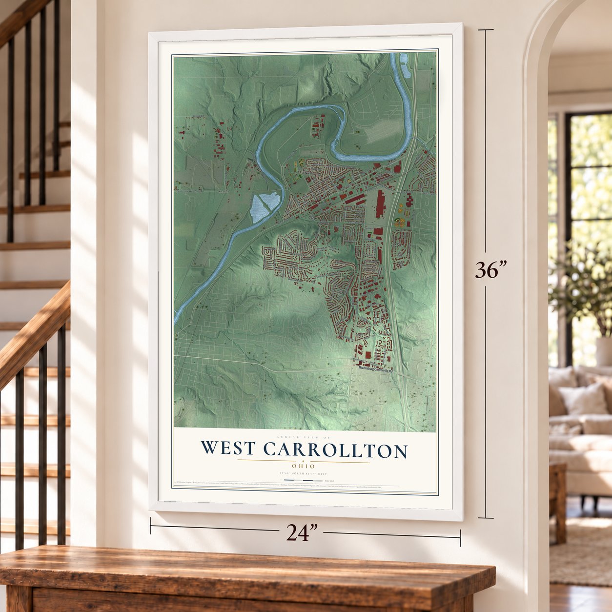West Carrollton, Ohio map, 24 x 36 inch print in a white frame by a staircase