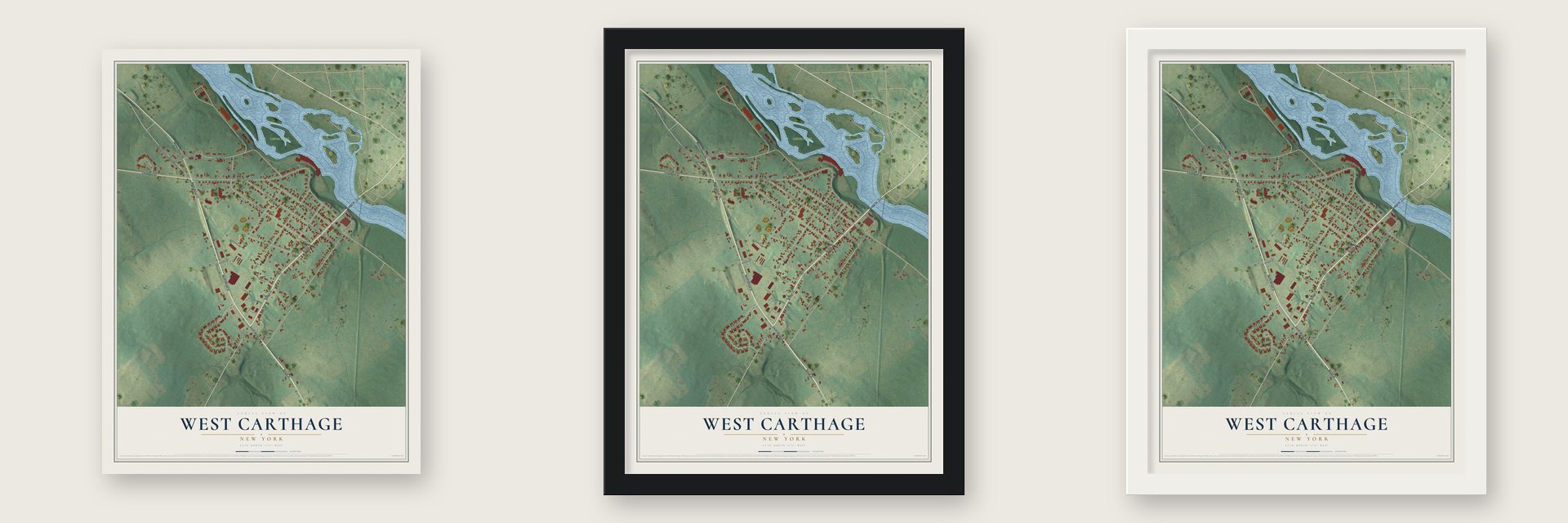 West Carthage, New York map unframed, in a black wood frame and in a white wood frame