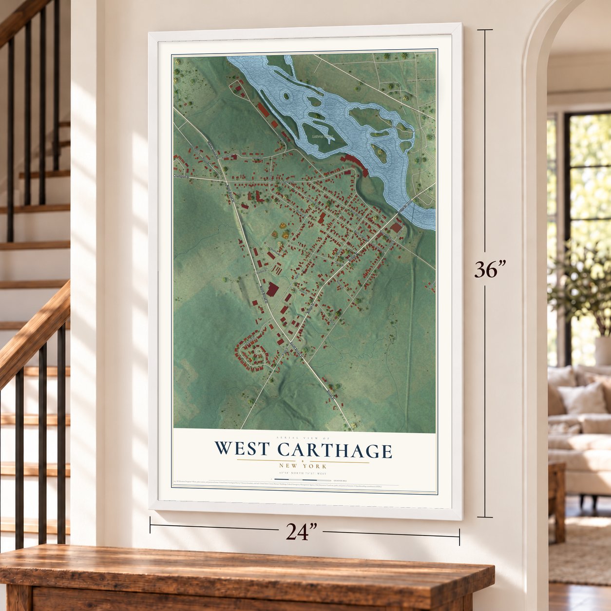 West Carthage, New York map, 24 x 36 inch print in a white frame by a staircase