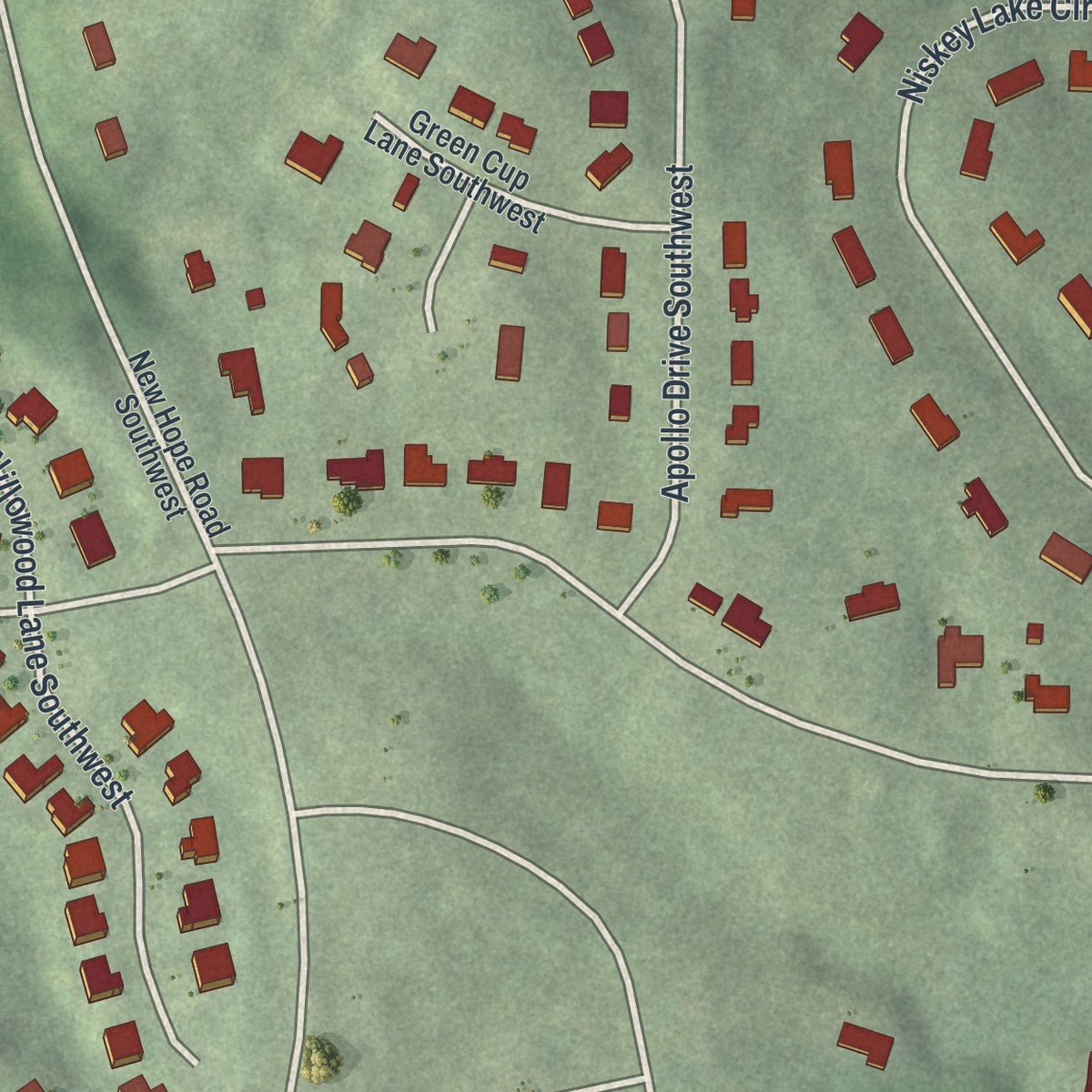 Second close-up of the map of West Cascade, Georgia print showing more streets and buildings