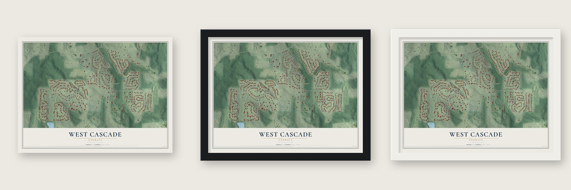 West Cascade, Georgia map unframed, in a black wood frame and in a white wood frame