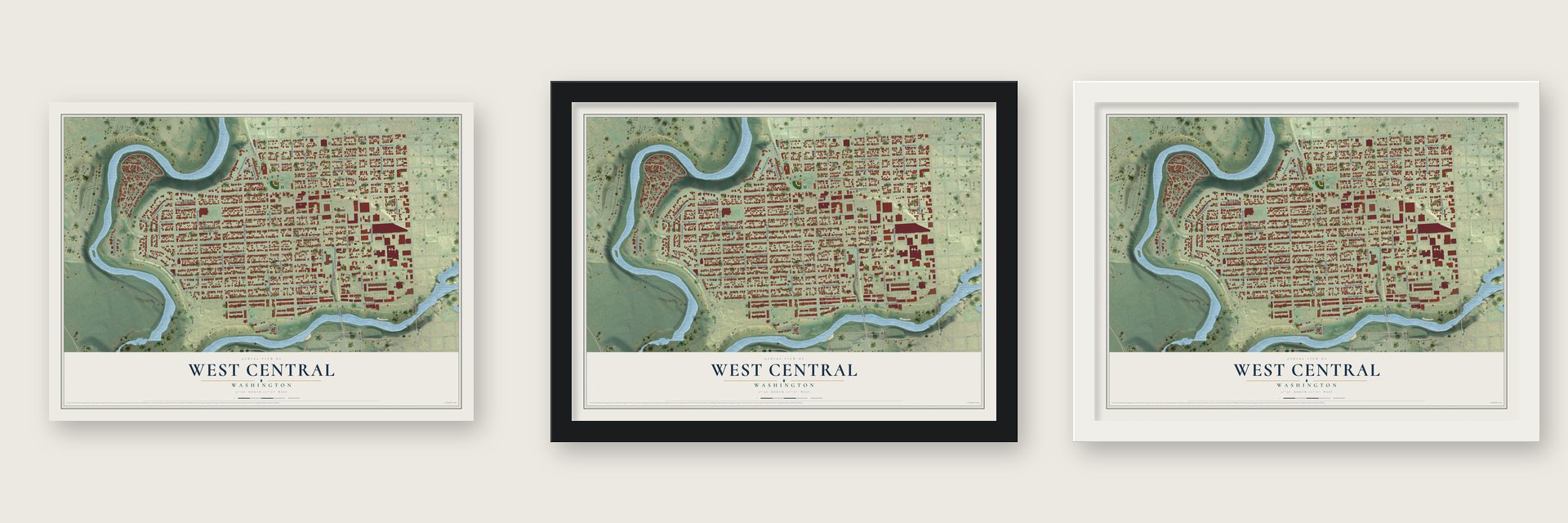 West Central, Washington map unframed, in a black wood frame and in a white wood frame