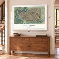 West Central, Washington map, 24 x 36 inch print in a white frame above a dresser by a staircase