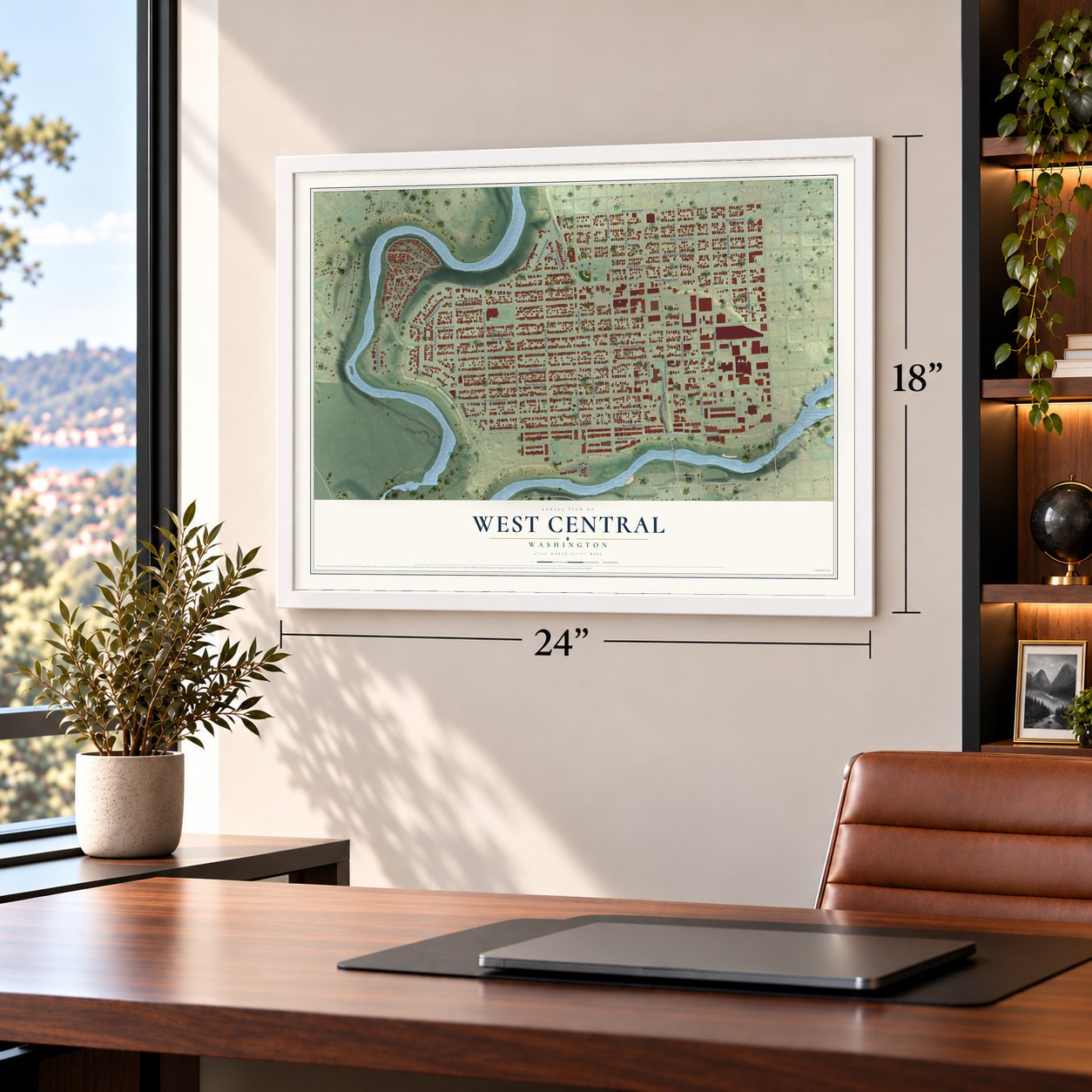 West Central, Washington map, 18 x 24 inch print in a white frame in a home office