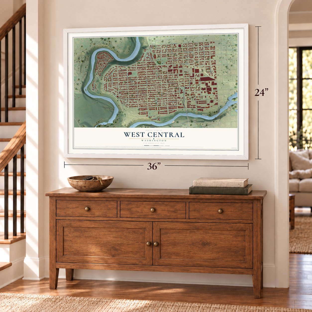 West Central, Washington map, 24 x 36 inch print in a white frame above a dresser by a staircase