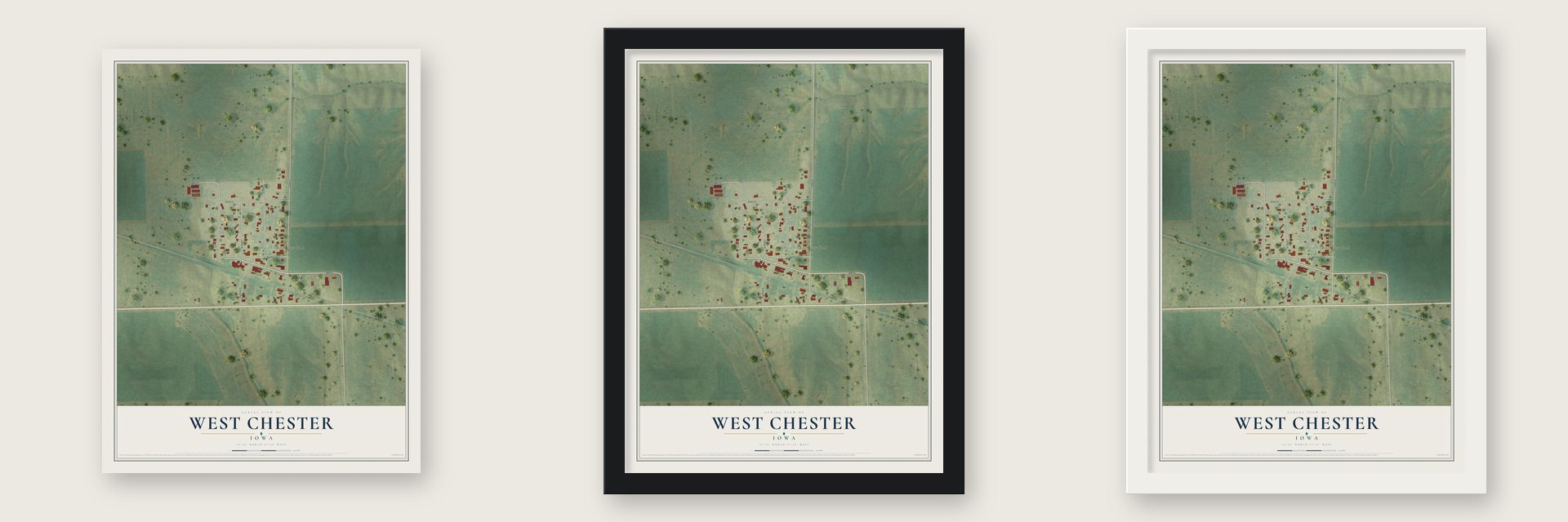 West Chester, Iowa map unframed, in a black wood frame and in a white wood frame