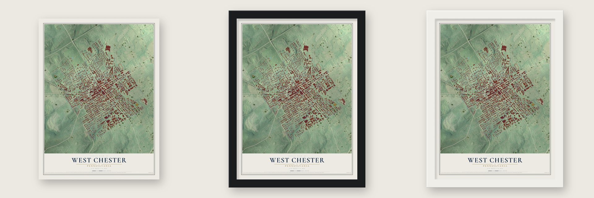 West Chester, Pennsylvania map unframed, in a black wood frame and in a white wood frame