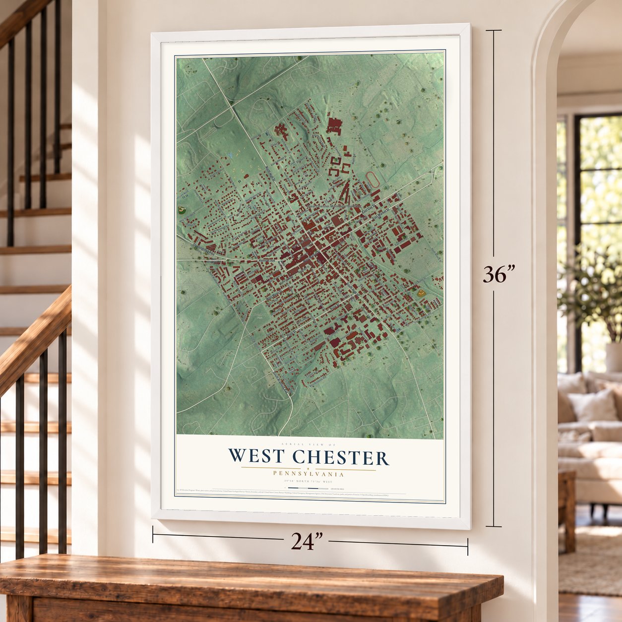 West Chester, Pennsylvania map, 24 x 36 inch print in a white frame by a staircase
