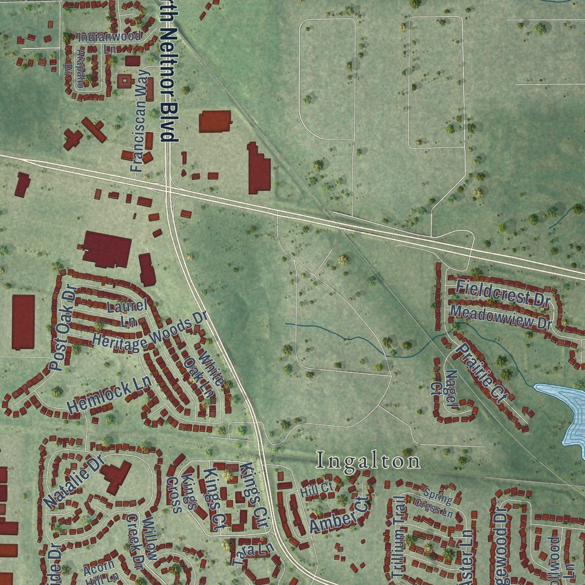Second close-up of the map of West Chicago, Illinois print showing more streets and buildings