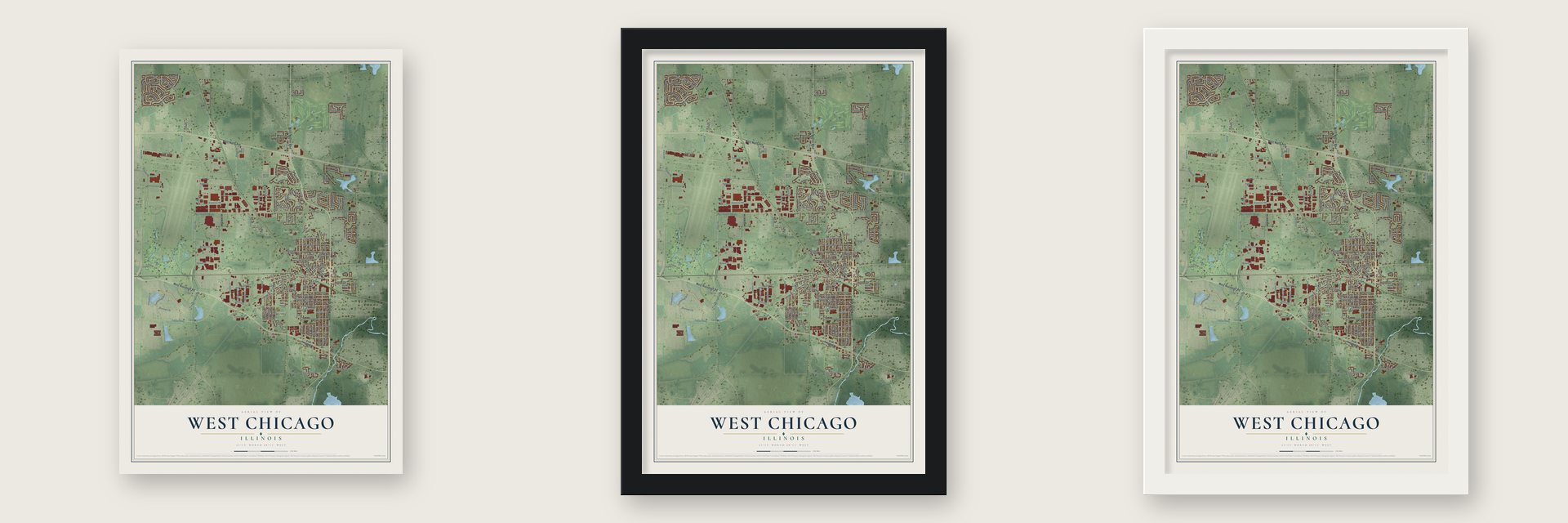 West Chicago, Illinois map unframed, in a black wood frame and in a white wood frame