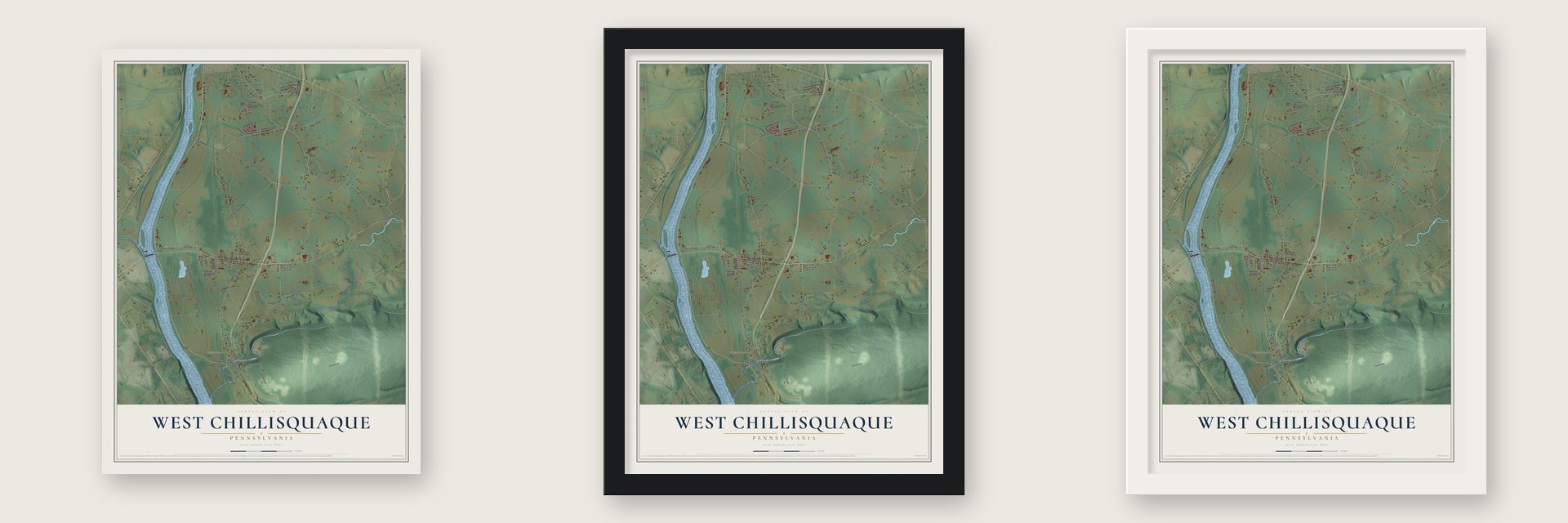 West Chillisquaque, Pennsylvania map unframed, in a black wood frame and in a white wood frame