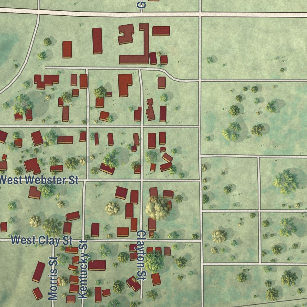 Second close-up of the map of West City, Illinois print showing more streets and buildings