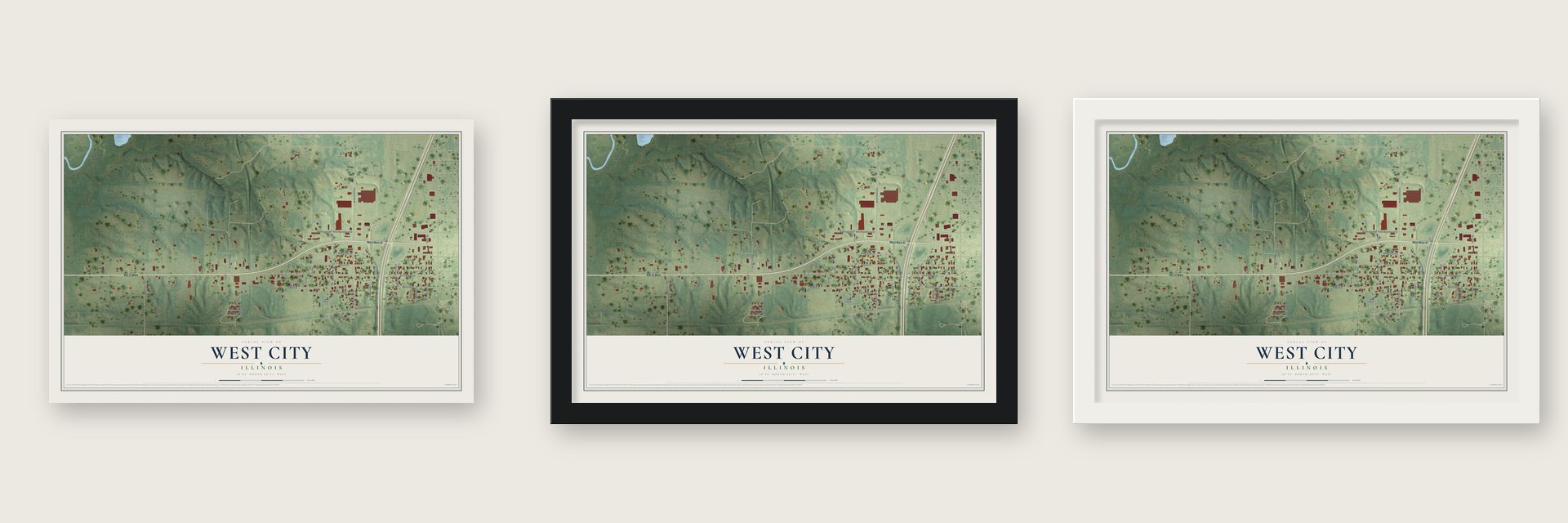 West City, Illinois map unframed, in a black wood frame and in a white wood frame
